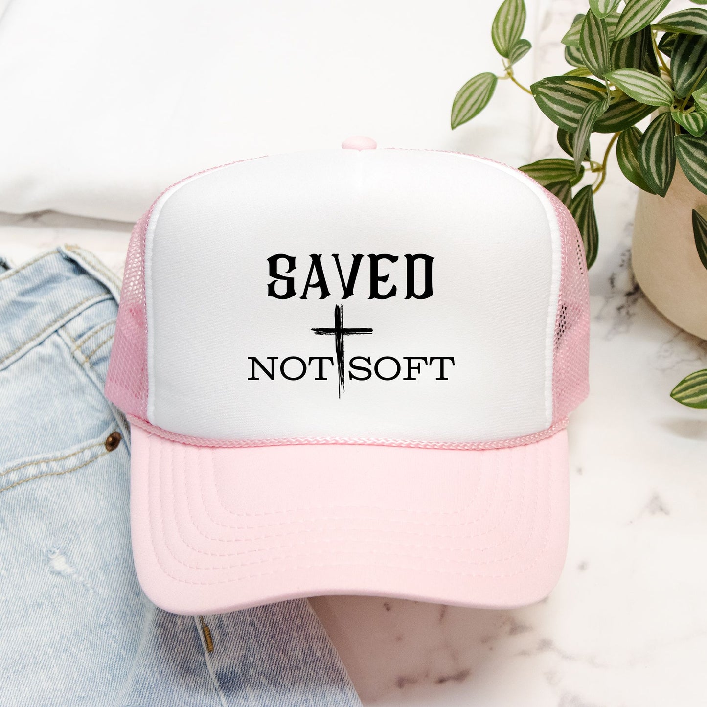 Embroidered "Saved Not Soft" Trucker hat