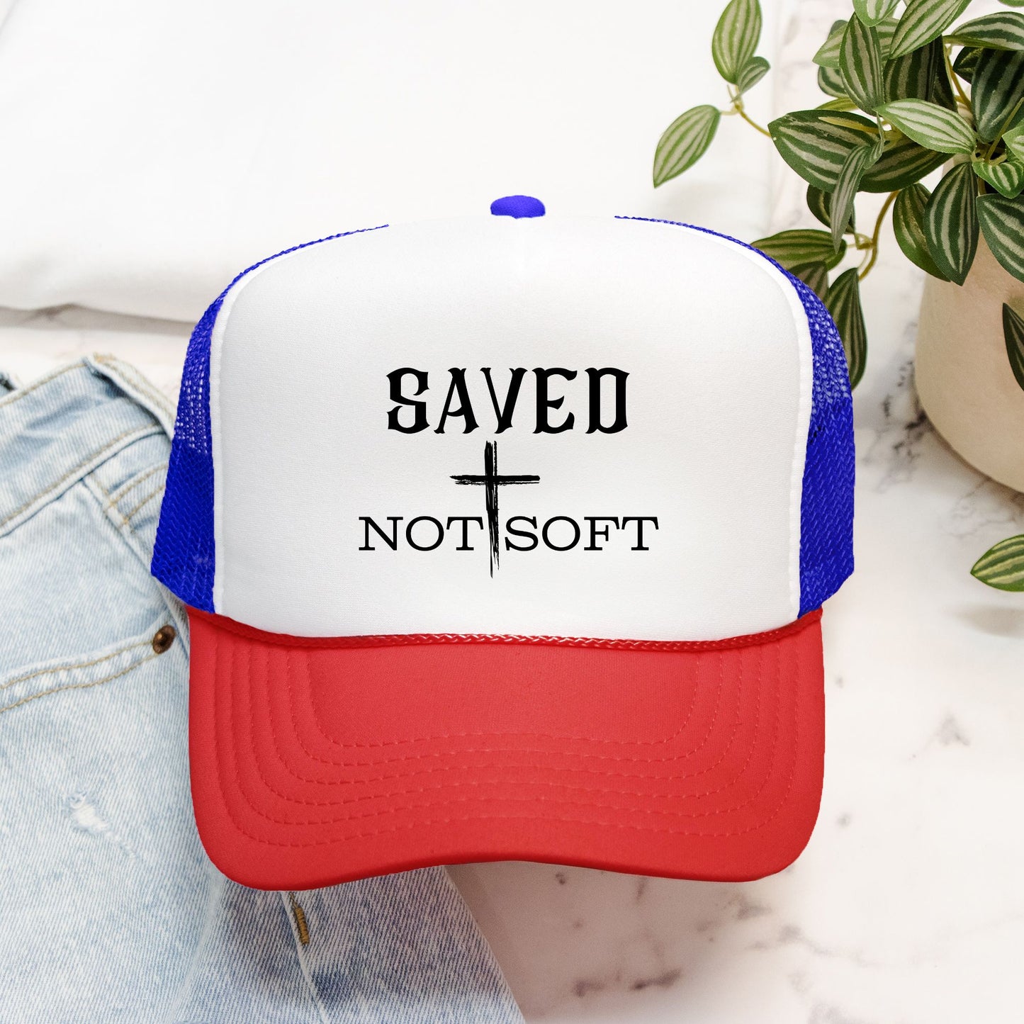 Embroidered "Saved Not Soft" Trucker hat