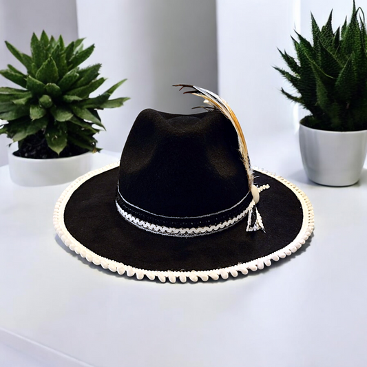 Black Fedora with black and white trimming