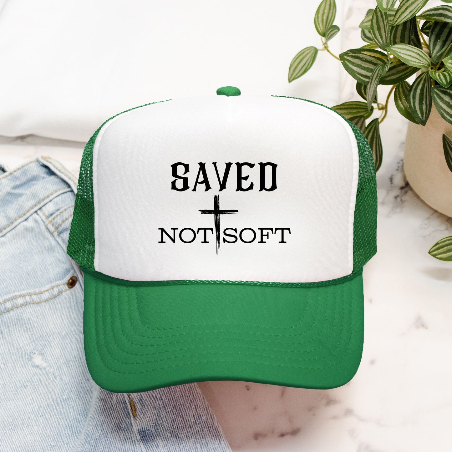 Embroidered "Saved Not Soft" Trucker hat