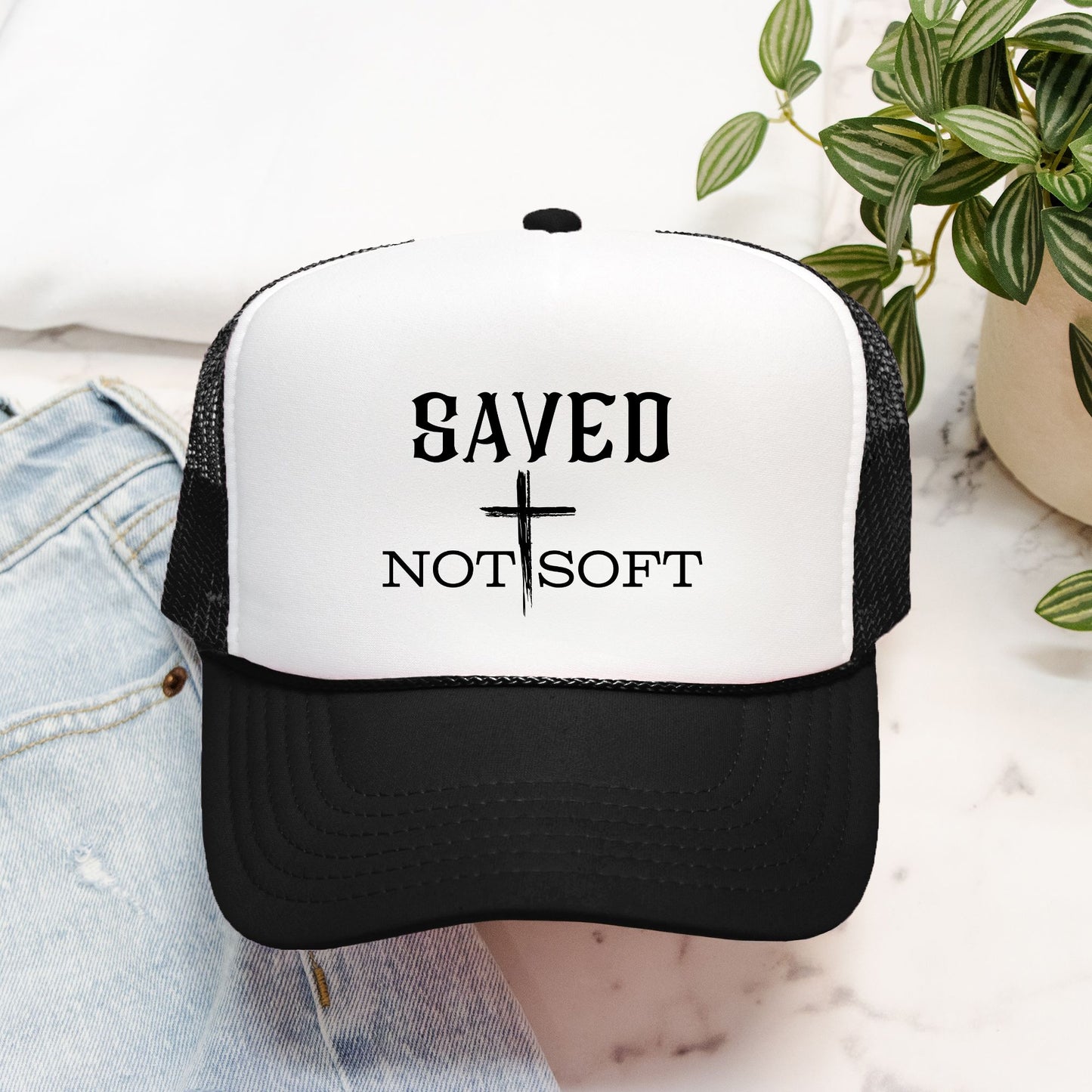 Embroidered "Saved Not Soft" Trucker hat