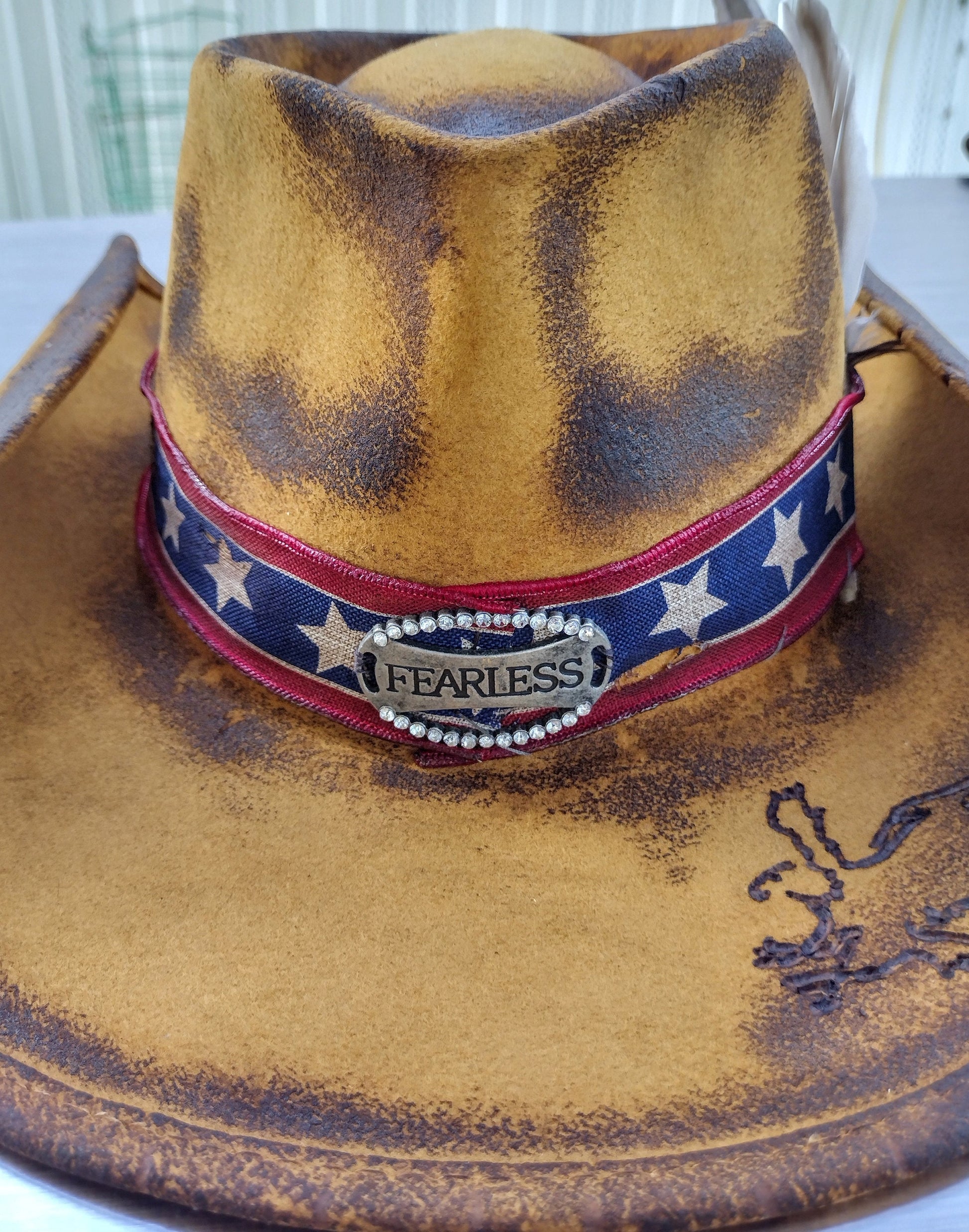 Fearless patriot! Repurposed and Redesigned 100% wool cowboy hat.