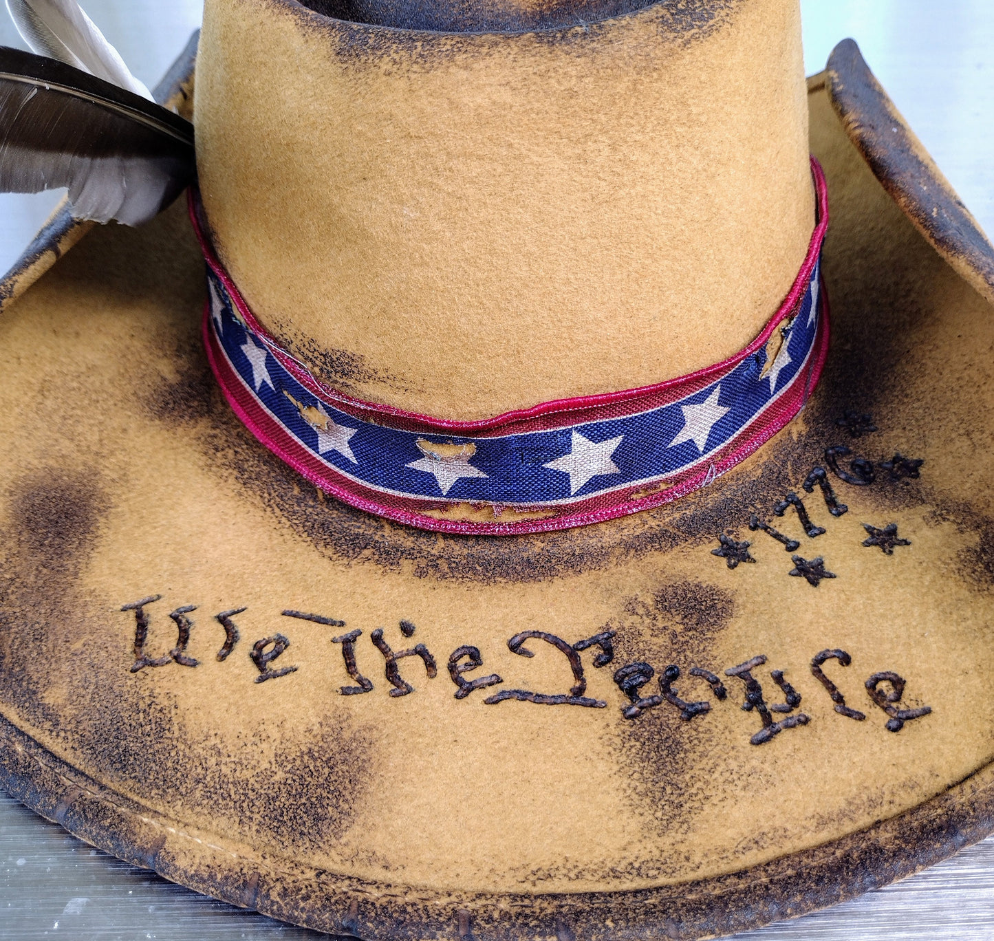 Fearless patriot! Repurposed and Redesigned 100% wool cowboy hat.