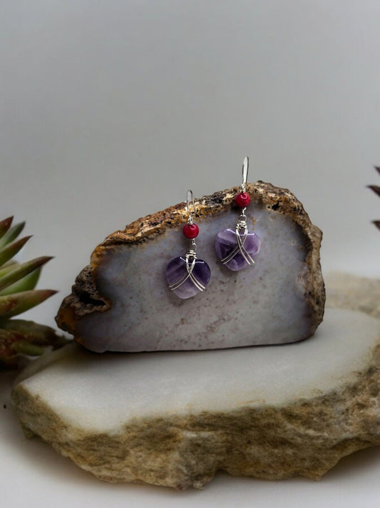 Sterling Silver amethyst and red jade earrings